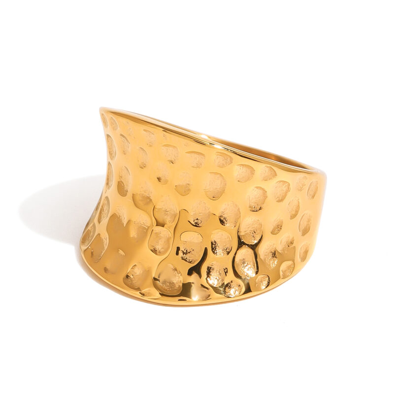 J&D Designer 18K Gold Plated Stainless Steel Exaggerated Concave Design Bold Wide Hammered Rings
