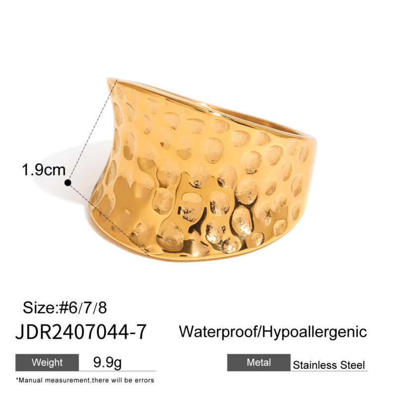 J&D Designer 18K Gold Plated Stainless Steel Exaggerated Concave Design Bold Wide Hammered Rings - Image 6
