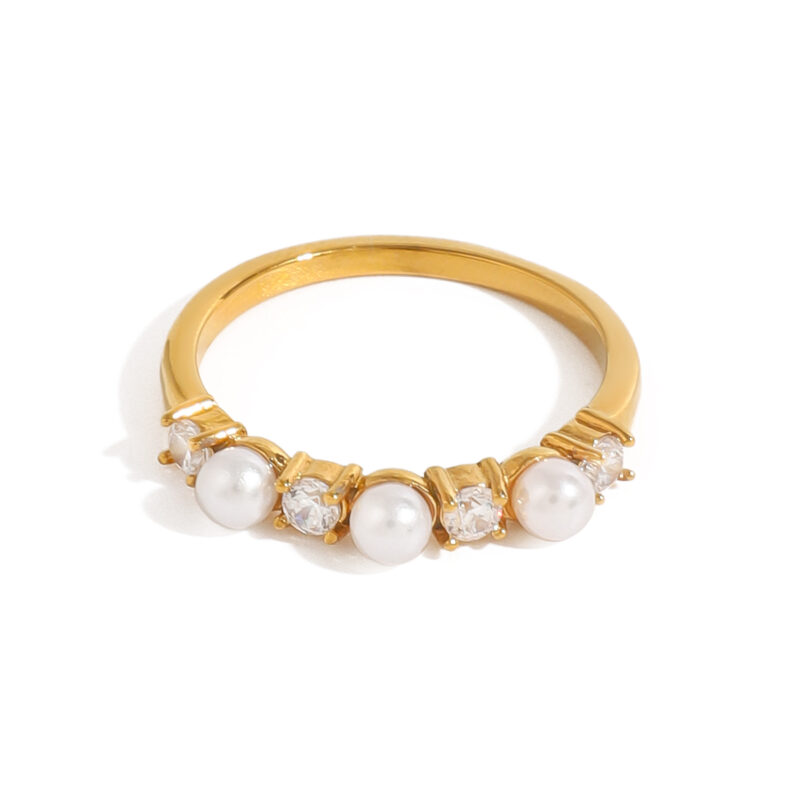 J&D Gold Plated Pearl Zircon Flower Rings Adjustable Stainless Steel Jewelry for Wedding Engagement Gift Trendy Style