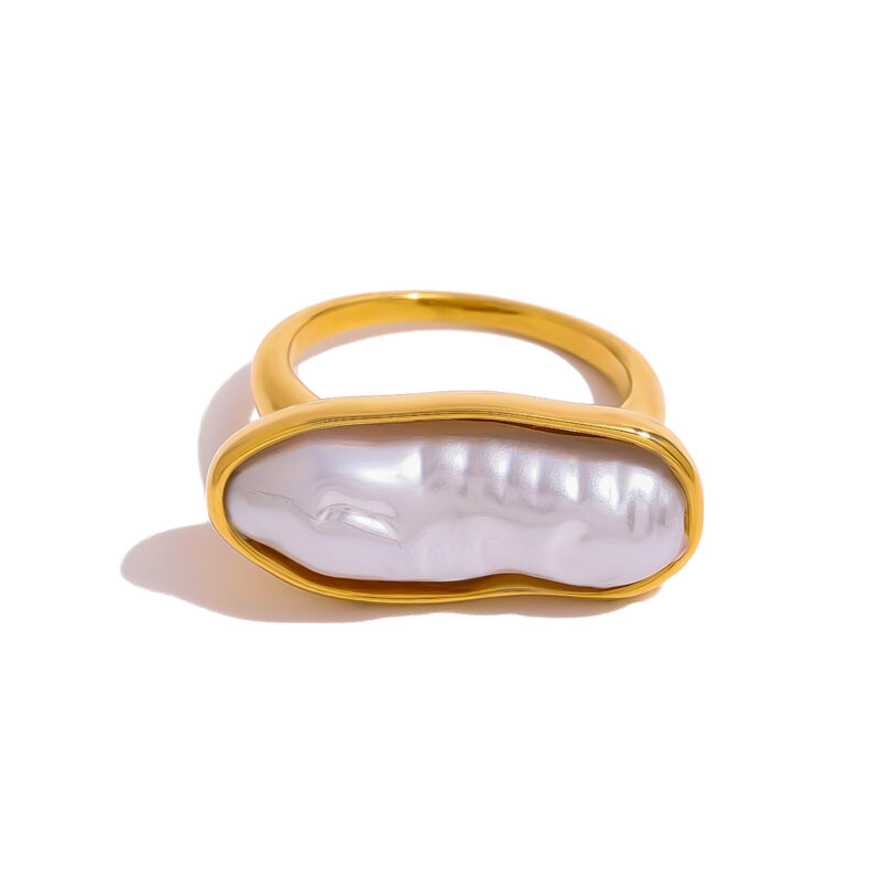 J&D 18k Gold Stainless Steel Irregular Baroque Resin Pearl Ring Elegant Vintage Style Size 7