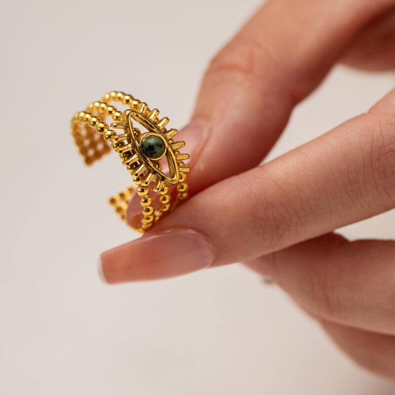 Multi Layers Devil's Eye African Pine Open Ring 18K PVD Gold Plated Stainless Steel Beads Ring for Women - Image 3