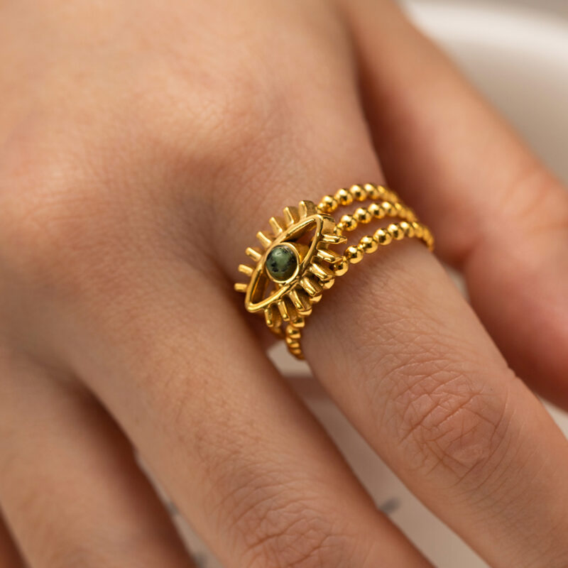 Multi Layers Devil's Eye African Pine Open Ring 18K PVD Gold Plated Stainless Steel Beads Ring for Women - Image 4