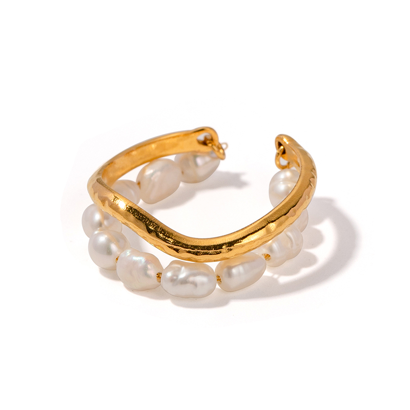Freshwater Chain Pearl Opening Ring 18K PVD Gold Plated Stainless Steel Link Chain Natural Pearl Ring for Women