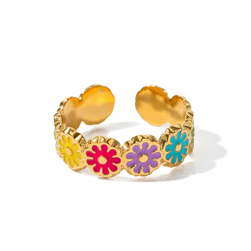 Summer Colorful Flower Ring 18K PVD Gold Plated Stainless Steel Hand Making Oil Drop Craft Open Ring