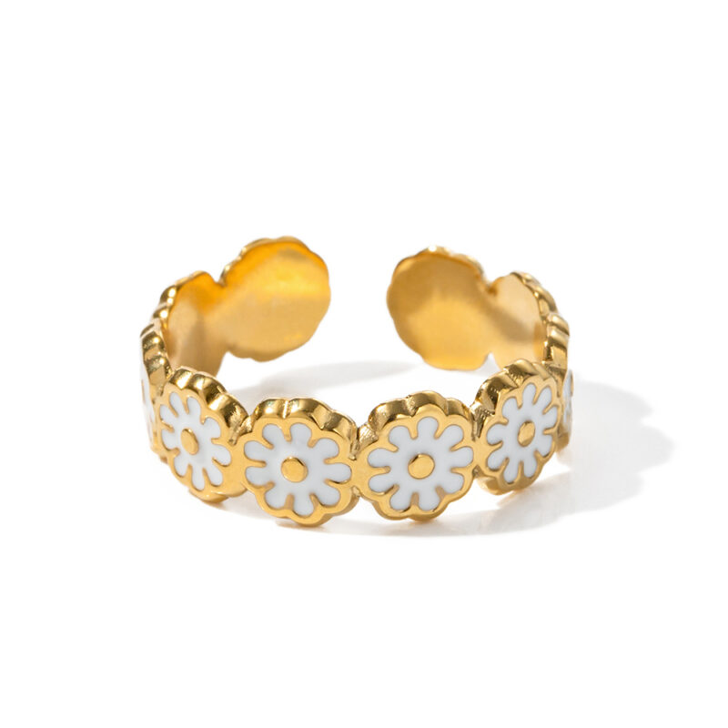 Summer Colorful Flower Ring 18K PVD Gold Plated Stainless Steel Hand Making Oil Drop Craft Open Ring