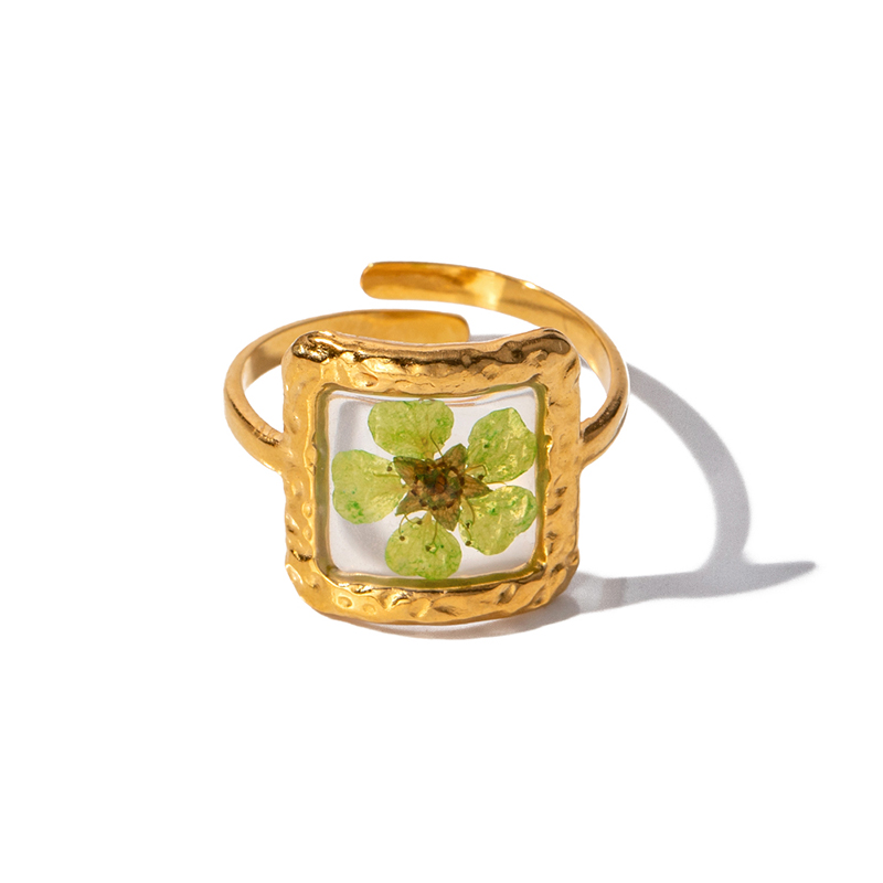 Dainty 18K Gold Plated Stainless Steel Square Shape Opening Real Colorful Eternal Plum Flower Ring for Girls