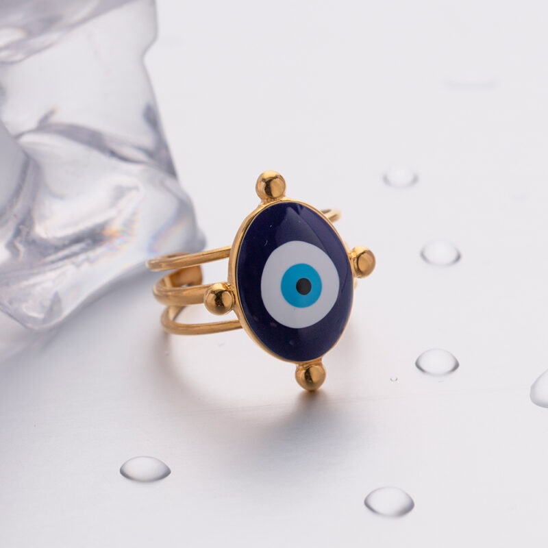 J&D Jewelry 18K Gold Plated Eye Ring Stainless Steel Hollow Layer Blue Enamel Evil Eyes Open Rings - Image 2