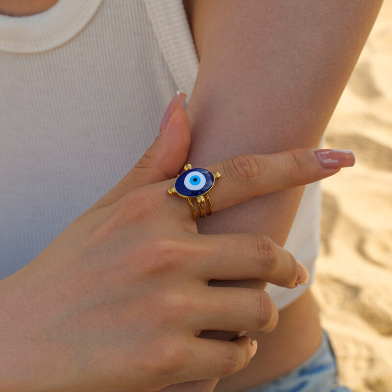 J&D Jewelry 18K Gold Plated Eye Ring Stainless Steel Hollow Layer Blue Enamel Evil Eyes Open Rings - Image 3