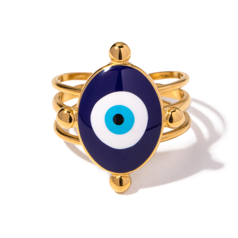 J&D Jewelry 18K Gold Plated Eye Ring Stainless Steel Hollow Layer Blue Enamel Evil Eyes Open Rings