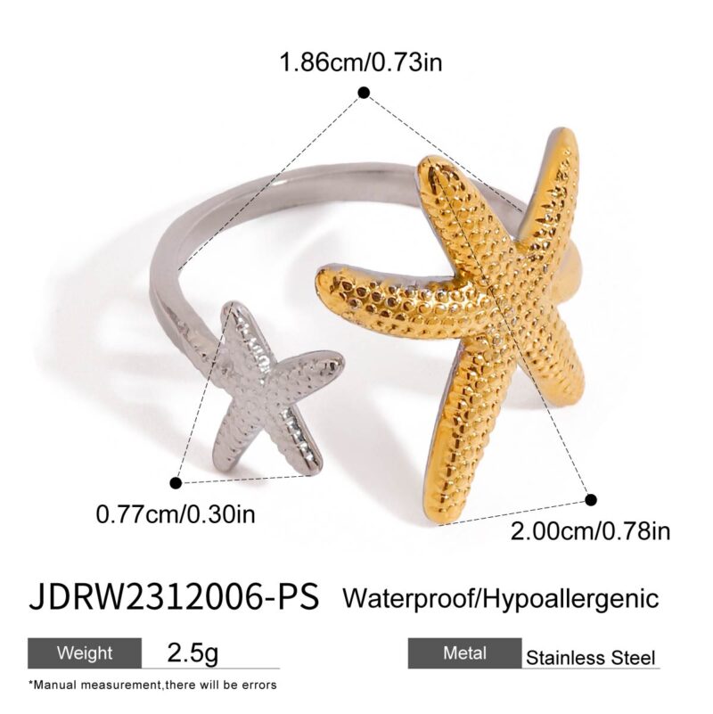 J&D Custom Fashion Personalized 18K PVD Gold Plated Stainless Steel Titanium Starfish Adjustable Rings - Image 4