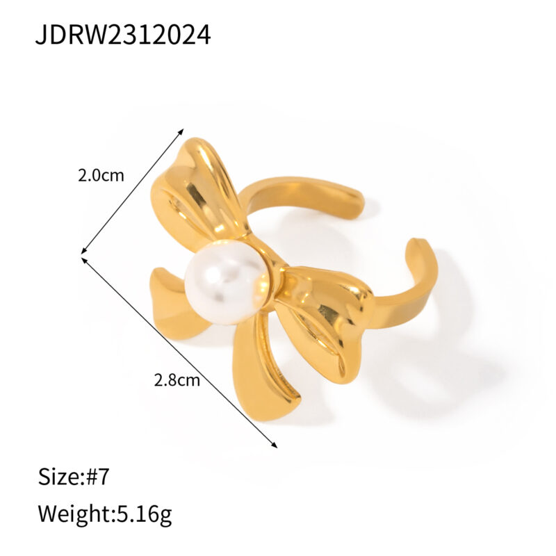 J&D Trendy Dainty Stainless Steel Bow Knot Rings 18K Gold Plated Bow Design Open Ring With Pearl - Image 4