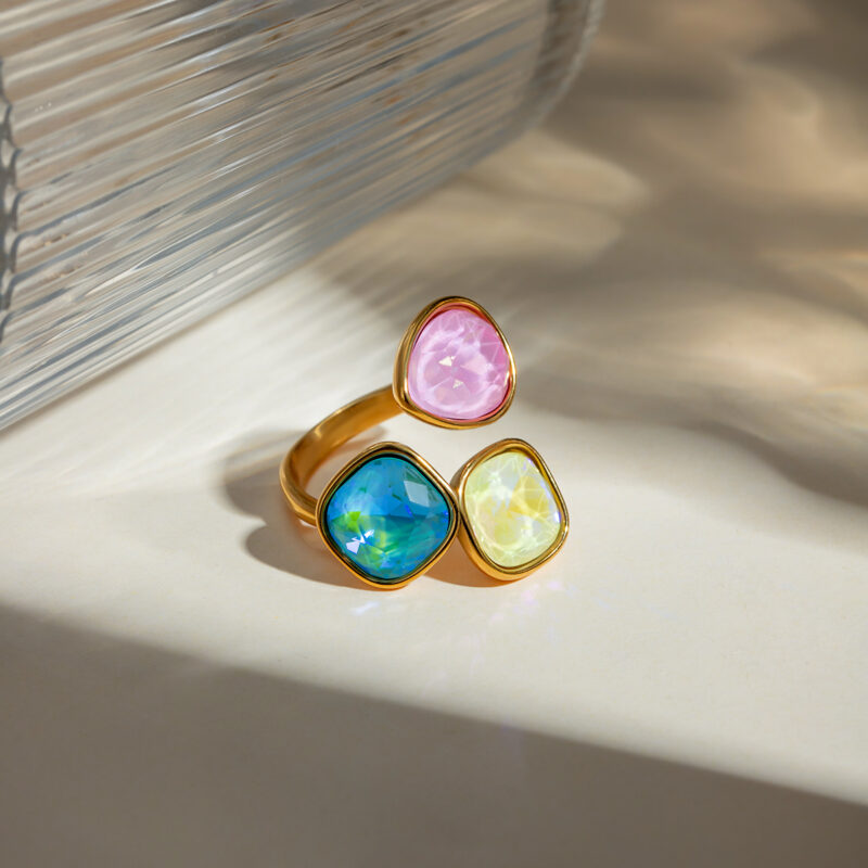 J&D Luxury Stainless Steel Gold Plated Rings Jewelry Women Multicoloured Cubic Zirconia Open Ring - Image 2