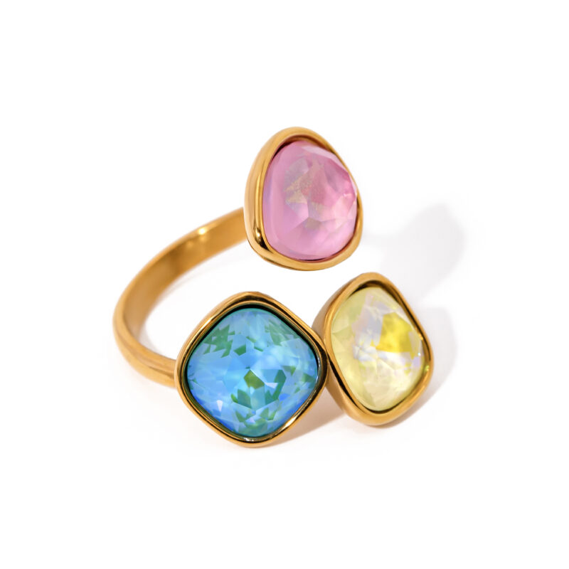 J&D Luxury Stainless Steel Gold Plated Rings Jewelry Women Multicoloured Cubic Zirconia Open Ring