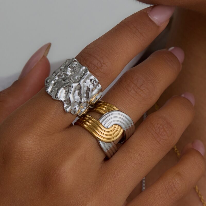 J&D Minimalist Stainless Steel Rippled Adjustable Open Ring Irregular Abstract Line Waterproof Ring Set Jewelry for Women - Image 3