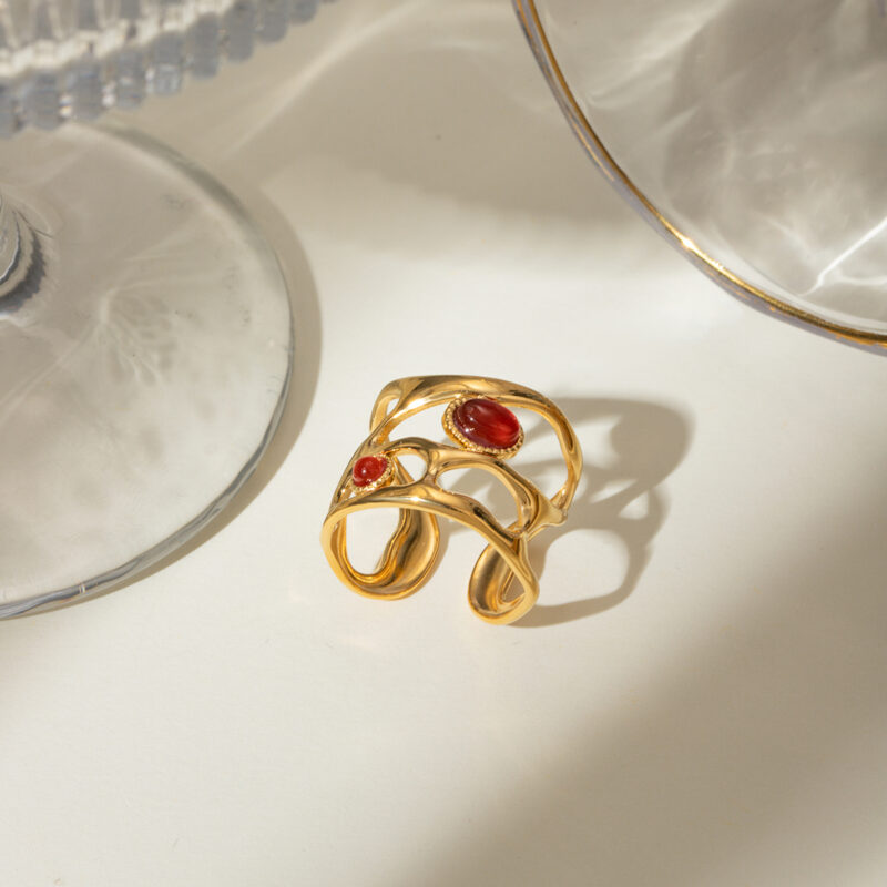 Fashion Jewelry 18K Gold Plated Stainless Steel Hollow Layer Irregular Red Agate Stone Open Ring for Girls - Image 2