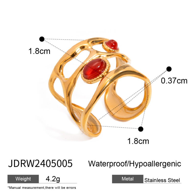Fashion Jewelry 18K Gold Plated Stainless Steel Hollow Layer Irregular Red Agate Stone Open Ring for Girls - Image 4