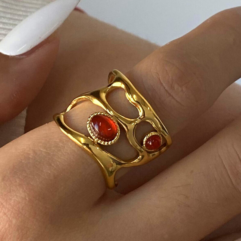 Fashion Jewelry 18K Gold Plated Stainless Steel Hollow Layer Irregular Red Agate Stone Open Ring for Girls - Image 3