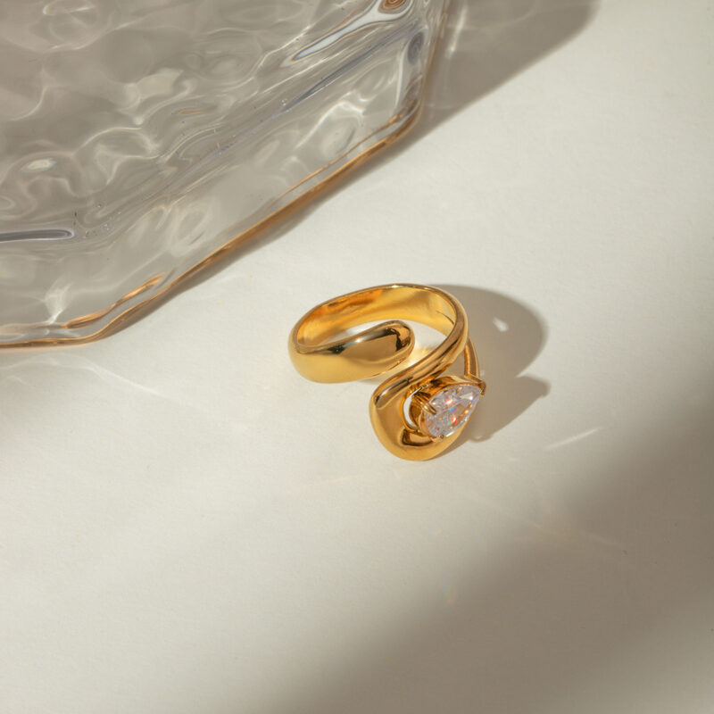 J&D 18K Gold Plated Stainless Steel Open Overlapping Water Drop Large Cubic Zirconia Ring - Image 2