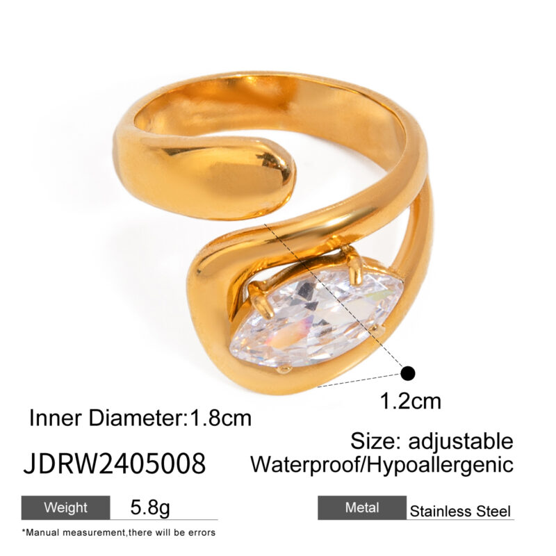J&D 18K Gold Plated Stainless Steel Open Overlapping Water Drop Large Cubic Zirconia Ring - Image 4