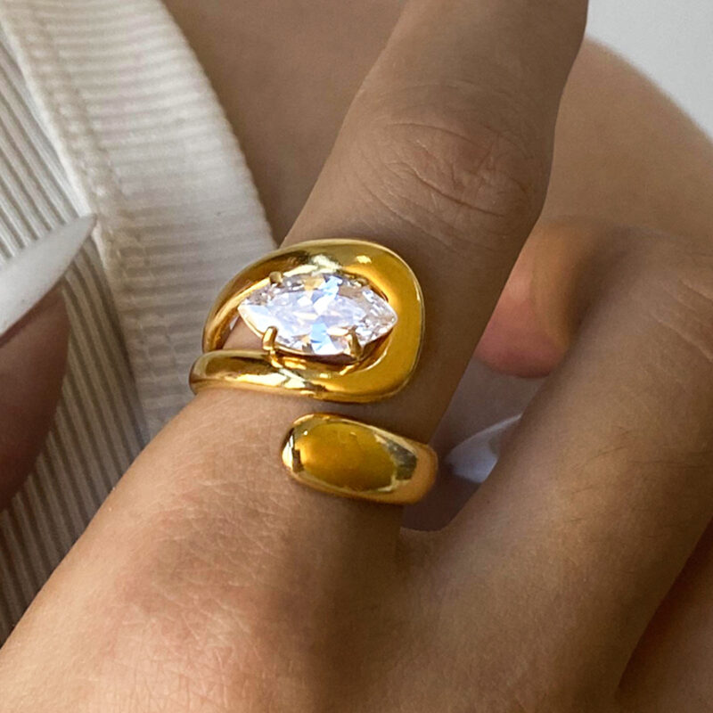 J&D 18K Gold Plated Stainless Steel Open Overlapping Water Drop Large Cubic Zirconia Ring - Image 3
