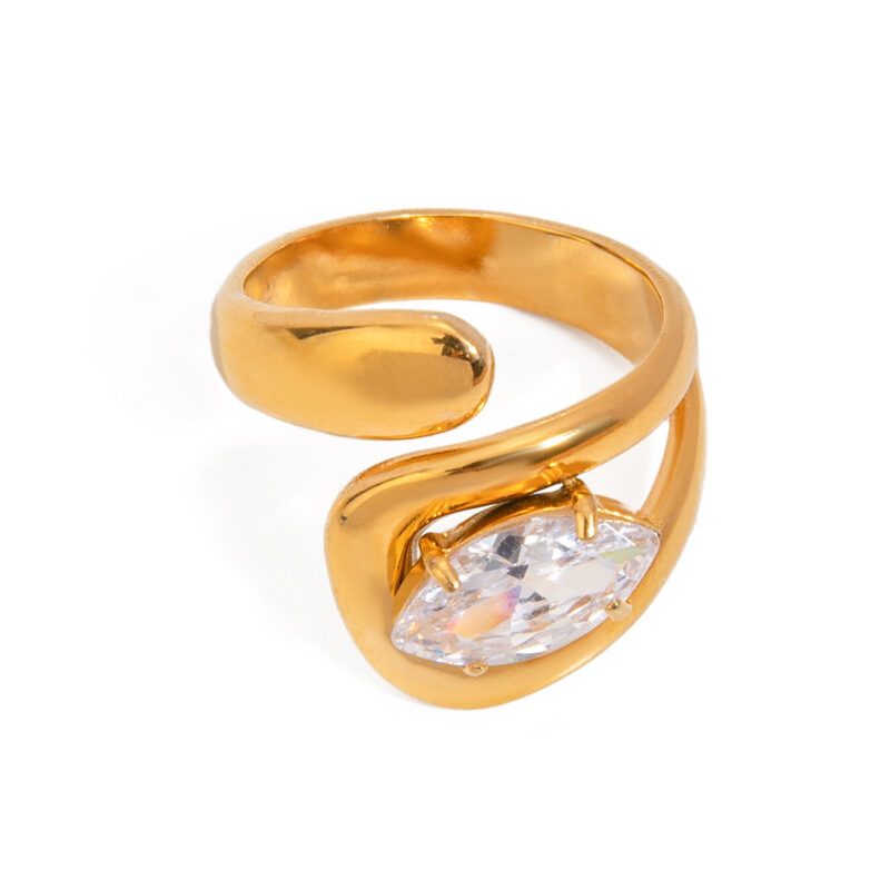 J&D 18K Gold Plated Stainless Steel Open Overlapping Water Drop Large Cubic Zirconia Ring