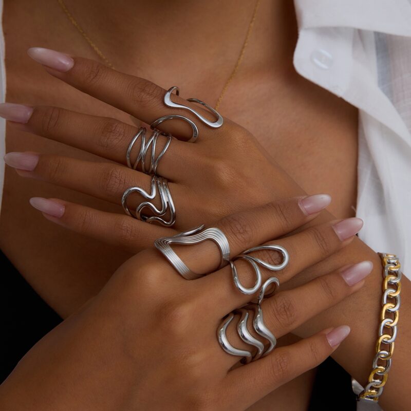 J&D Tarnish Free Jewelry Hypoallergenic Stainless Steel 18k Gold Plated Silver Color Two Tone Irregular Open Rings - Image 3