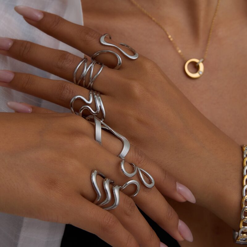 J&D Tarnish Free Jewelry Hypoallergenic Stainless Steel 18k Gold Plated Silver Color Two Tone Irregular Open Rings - Image 4