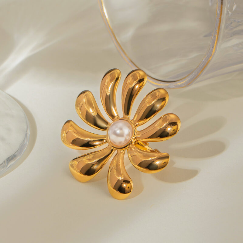 J&D Design Pearl/Sunflower Imitation Pearl Ring 18K PVD Gold Plated Stainless Steel Ring Bend Opening Ring - Image 2