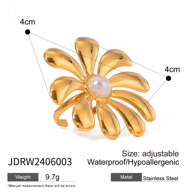 J&D Design Pearl/Sunflower Imitation Pearl Ring 18K PVD Gold Plated Stainless Steel Ring Bend Opening Ring - Image 4