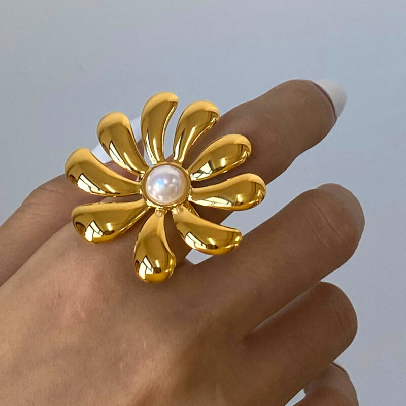 J&D Design Pearl/Sunflower Imitation Pearl Ring 18K PVD Gold Plated Stainless Steel Ring Bend Opening Ring - Image 3