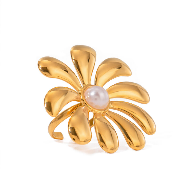 J&D Design Pearl/Sunflower Imitation Pearl Ring 18K PVD Gold Plated Stainless Steel Ring Bend Opening Ring