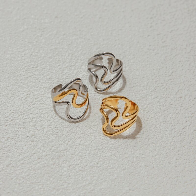 J&D Tarnish Free Jewelry Hypoallergenic Stainless Steel 18k Gold Plated Silver Color Two Tone Irregular Open Rings - Image 3