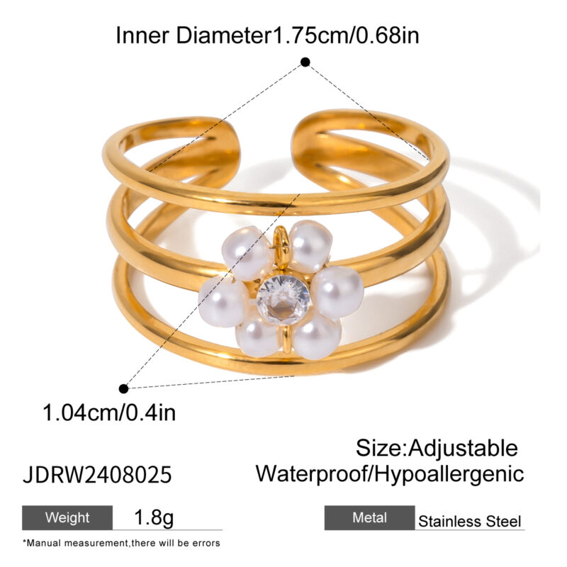 J&D 18k Stainless Steel Real Gold Plated Faux Pearl Three Layer Hollow Floral Adjustable Ring for Decoration - Image 4
