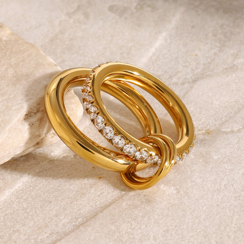 J&D Stainless Steel 18K PVD Gold Plating Smooth Twins Multi Wearing Interlocking CZ Magic Ring - Image 2