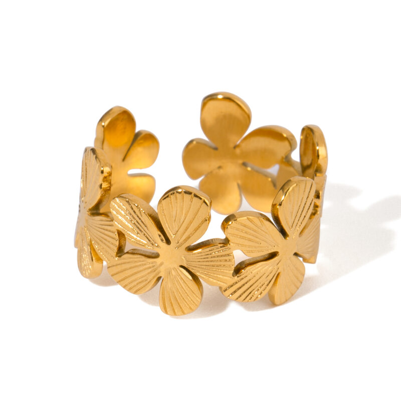 Waterproof 18k Gold Plated Stainless Steel Jewelry Five Petal Ribbed Flower Adjustable Open Ring