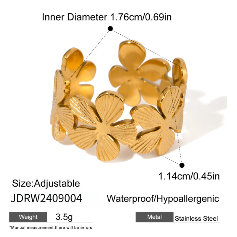 Waterproof 18k Gold Plated Stainless Steel Jewelry Five Petal Ribbed Flower Adjustable Open Ring - Image 6