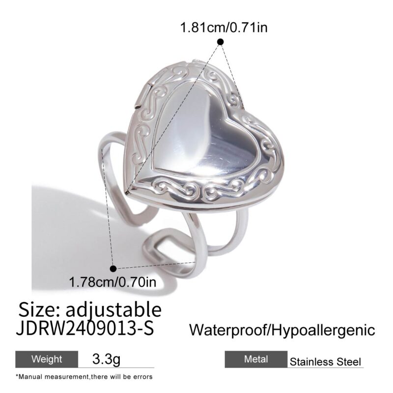 Adjustable Open Ring - Steel Color Stainless Steel with Floral Heart Photo Box, Fashion Jewelry Gift for Women - Image 4