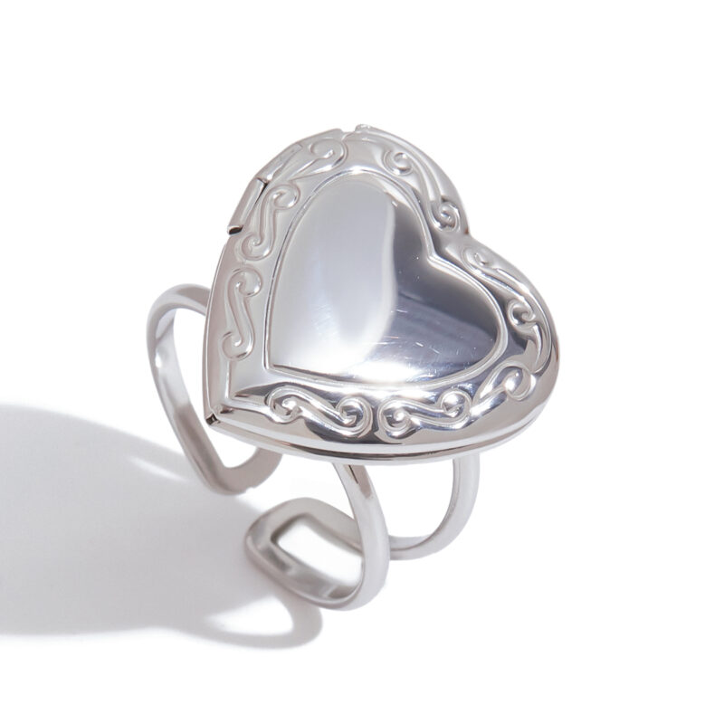 Adjustable Open Ring - Steel Color Stainless Steel with Floral Heart Photo Box, Fashion Jewelry Gift for Women