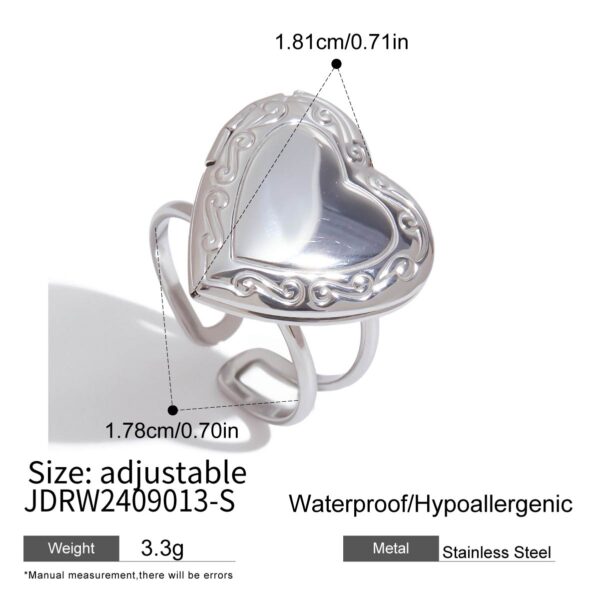 Adjustable Open Ring - Steel Color Stainless Steel with Floral Heart Photo Box, Fashion Jewelry Gift for Women