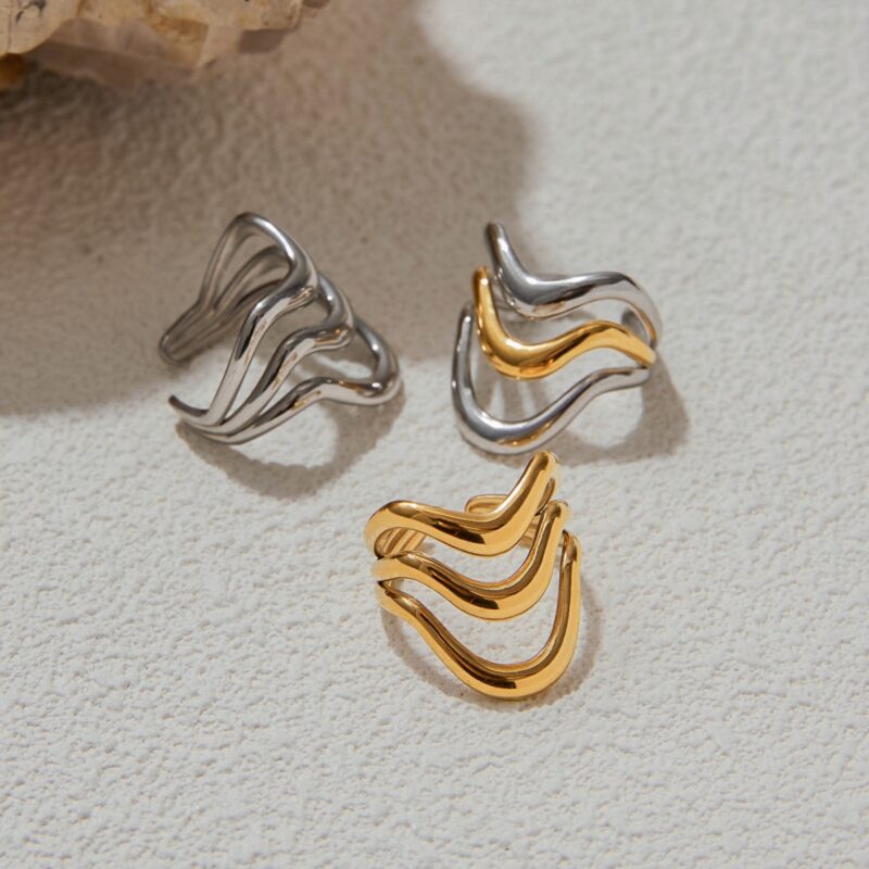 J&D Tarnish Free Jewelry Hypoallergenic Stainless Steel 18k Gold Plated Silver Color Two Tone Irregular Open Rings - Image 2