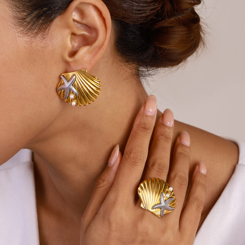 J&D Starfish and Shell Adjustable Ring 18k Gold Plated Stainless Steel Two Tone Ocean Inspired Beaded Design - Image 3