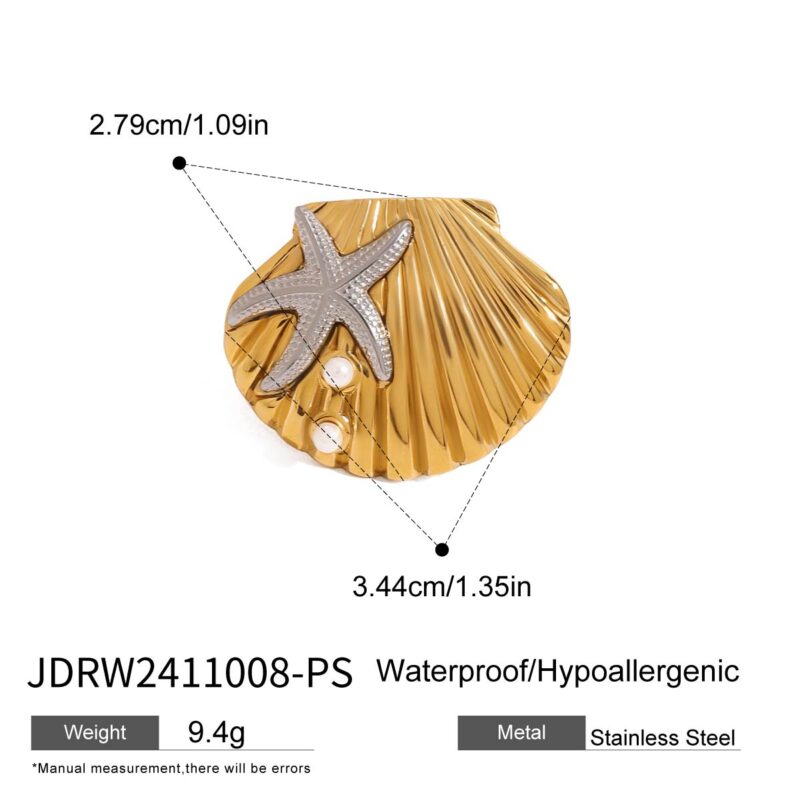 J&D Starfish and Shell Adjustable Ring 18k Gold Plated Stainless Steel Two Tone Ocean Inspired Beaded Design - Image 5
