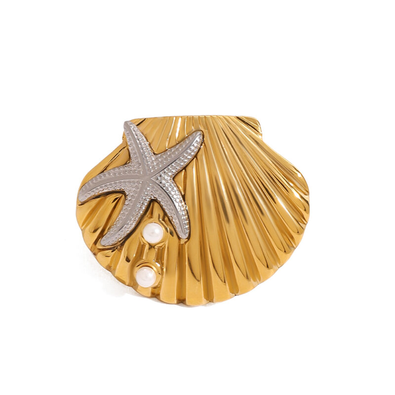 J&D Starfish and Shell Adjustable Ring 18k Gold Plated Stainless Steel Two Tone Ocean Inspired Beaded Design