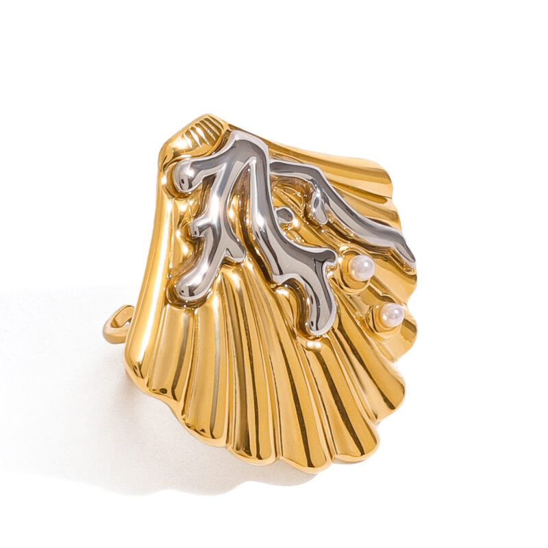 18k Gold Stainless Steel Shell Beads Ocean Coral Ribbed Shell Beads Shell Adjustable Open Ring