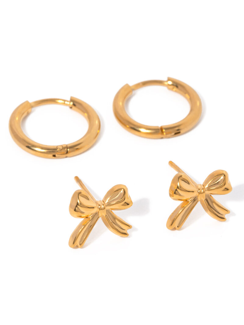 J&D Elegant Stainless Steel Gold Plated Earring Handmade Small Hoop and Bow Stud Earrings Set for Women