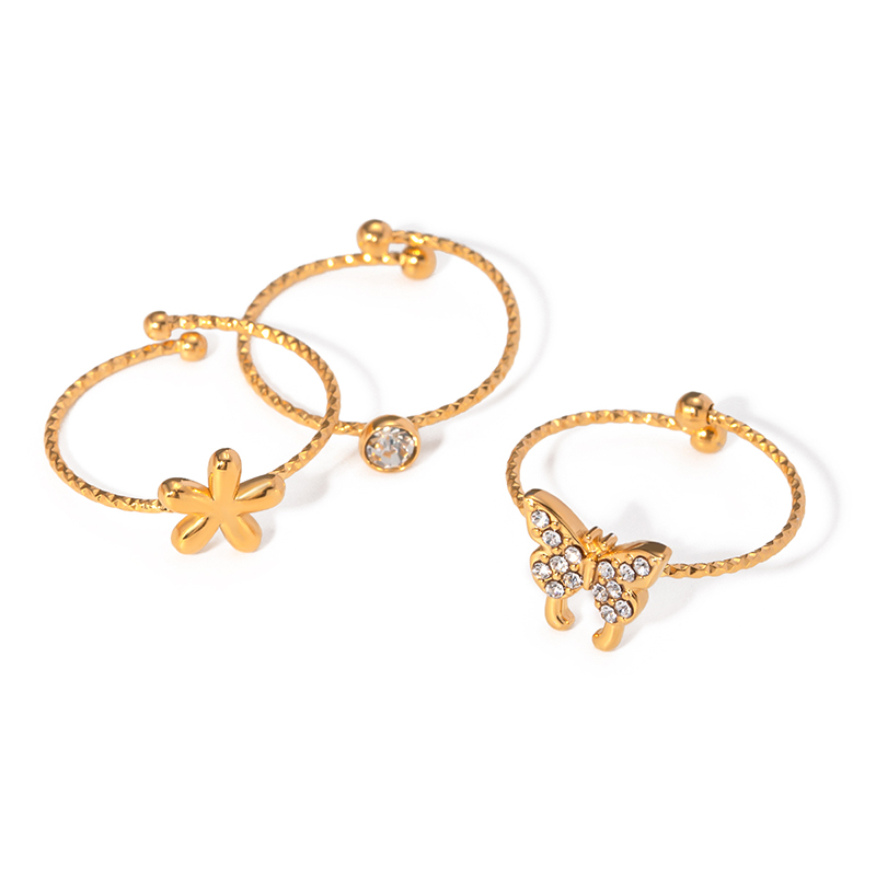 J&D Flower Round Zircon Bow Zircon Ring 18K PVD Gold Plated Stainless Steel Hand Making Waterproof Elegant Design Ring for Women