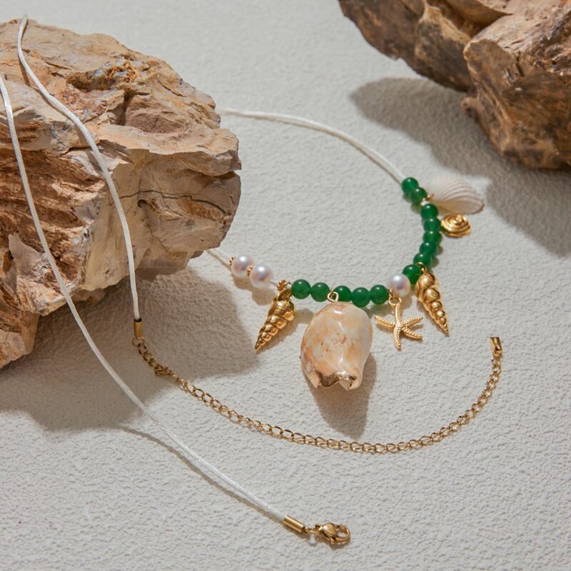18K Gold Stainless Steel Waist Chain - Natural Shell Conch Starfish Pendant with Green Agate Beads, 83cm Beach Jewelry - Image 2