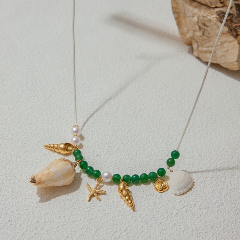 18K Gold Stainless Steel Waist Chain - Natural Shell Conch Starfish Pendant with Green Agate Beads, 83cm Beach Jewelry - Image 3