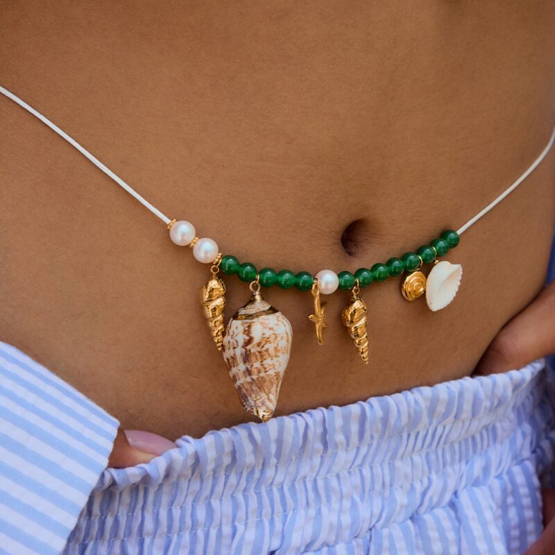 18K Gold Stainless Steel Waist Chain - Natural Shell Conch Starfish Pendant with Green Agate Beads, 83cm Beach Jewelry - Image 4