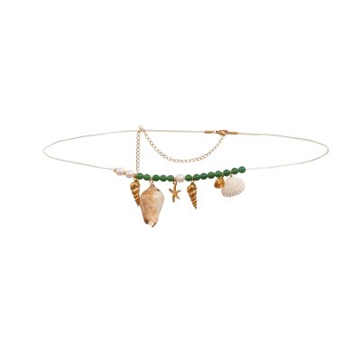 18K Gold Stainless Steel Waist Chain - Natural Shell Conch Starfish Pendant with Green Agate Beads, 83cm Beach Jewelry